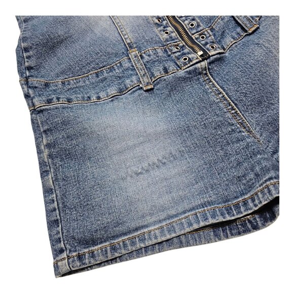 Vintage Y2K Denim Romper Medium Blue Drop Waist Belt Loops Snap Button Pockets - Picture 6 of 12